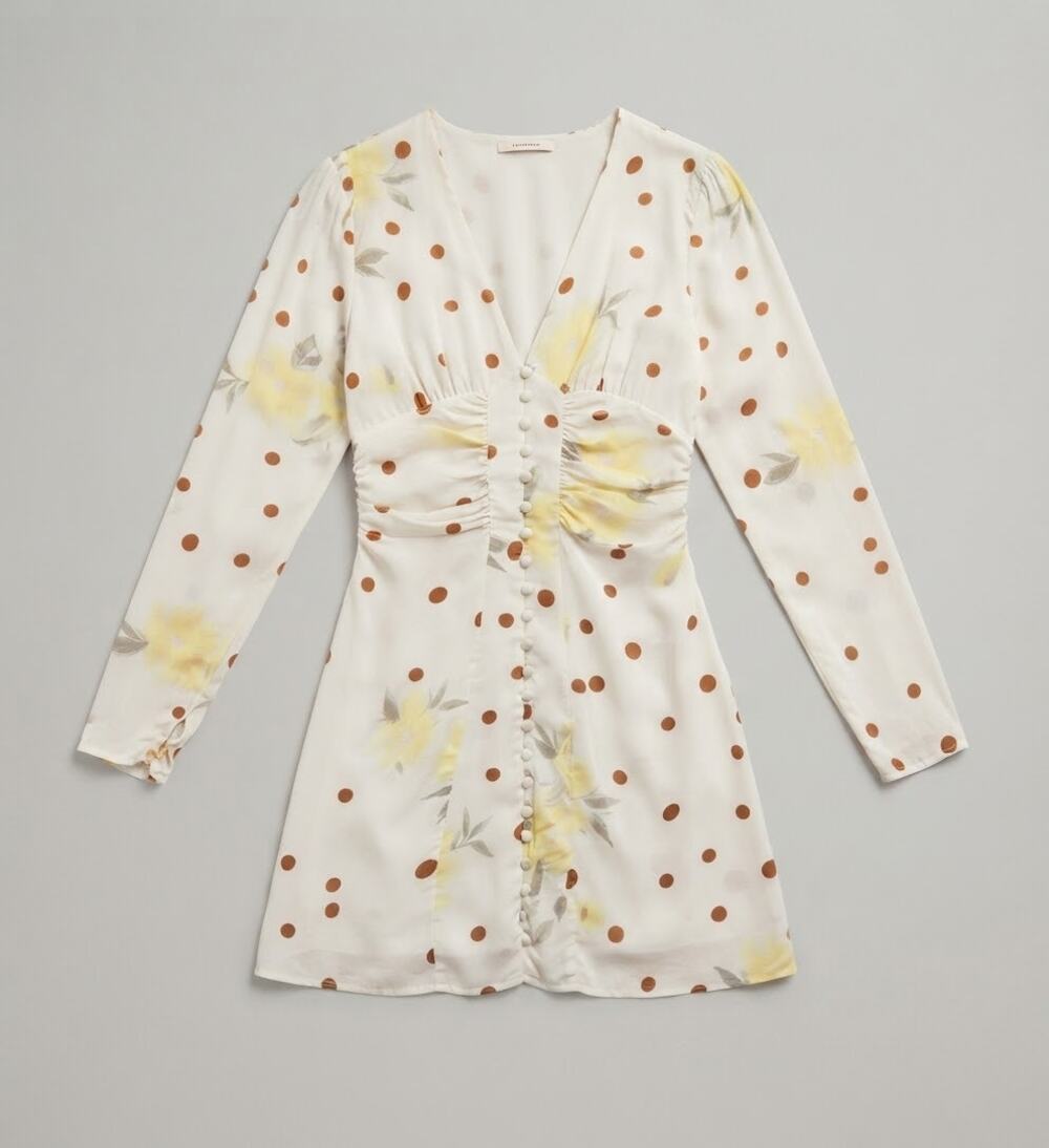 FREE PEOPLE Women Cream Yellow Floral Polka Dot Dress Size XS Long Sleeve Short
